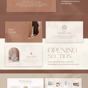 May include: A presentation slide deck with a brown and white colour scheme. The slides feature text, images, and graphics related to waiting sessions, opening sections, and ice-breaking games. The text on the slides includes "Waiting Session", "Get Ready", "Part Three", "Part Two", "Opening Section", "Fill The Blank", "Connect", "You Name It", "Name Grid", and "Games and Ice Breaking".