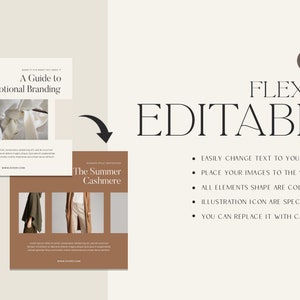 May include: Two digital templates for social media marketing. The first template is a beige rectangle with the text "A Guide to Emotional Branding" and two images of white fabric. The second template is a brown rectangle with the text "The Summer Cashmere" and three images of clothing.