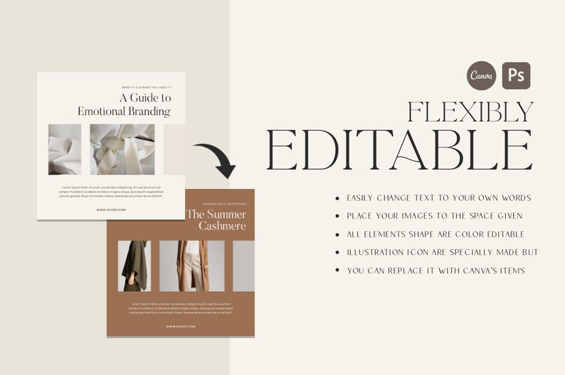 May include: Two digital templates for social media marketing. The first template is a beige rectangle with the text "A Guide to Emotional Branding" and two images of white fabric. The second template is a brown rectangle with the text "The Summer Cashmere" and three images of clothing.