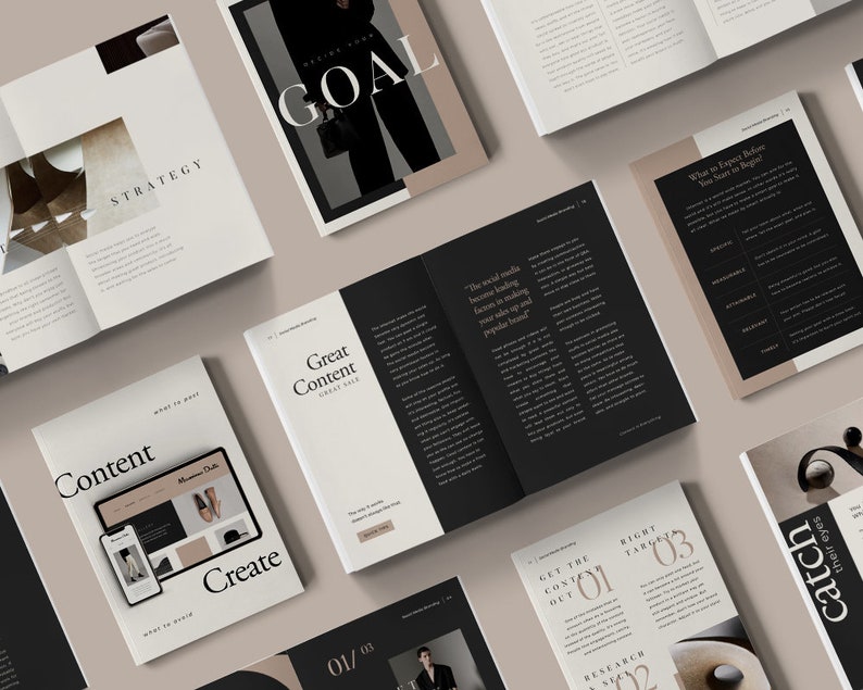 May include: A collection of open books with black and white text and images. The books are on a beige surface. The text on the books includes "Strategy", "Goal", "Great Content", "Get the Content Out", "Right Targets", and "Catch Their Eyes".