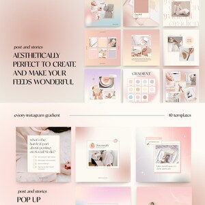 Puede incluir: Un conjunto de 18 plantillas de Instagram con un fondo degradado rosa y melocot&oacute;n. Las plantillas presentan diferentes dise&ntilde;os y dise&ntilde;os, que incluyen cuadros de texto, im&aacute;genes e iconos. El texto en las plantillas incluye las palabras "est&eacute;ticamente perfecto para crear y hacer que tus feeds sean maravillosos" y "degradado".