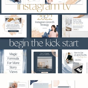 以下が含まれることがあります： ソーシャルメディアでビジネスを成長させるためのヒントが書かれた、Instagram投稿テンプレートのコラージュ。テンプレートは、青とベージュの水彩画の背景にテキストを重ねています。ヒントには、「Easy Way to Gain More Engagements」、「Magic Formula for More Story Views」、「How to Engage and Get Followers」、「How to Get Clients on Instagram」などがあります。