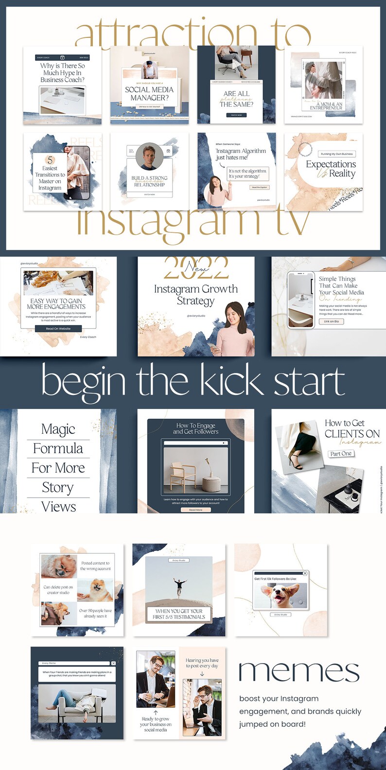 以下が含まれることがあります： ソーシャルメディアでビジネスを成長させるためのヒントが書かれた、Instagram投稿テンプレートのコラージュ。テンプレートは、青とベージュの水彩画の背景にテキストを重ねています。ヒントには、「Easy Way to Gain More Engagements」、「Magic Formula for More Story Views」、「How to Engage and Get Followers」、「How to Get Clients on Instagram」などがあります。