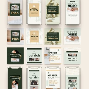 May include: A collage of nine Instagram Reels covers with a green and white color scheme. The covers feature text about financial planning, budgeting, and money management. Some of the text includes: "Financial Plan", "Financial Security", "Budget Guide", "How to get rich", and "Master Your Money Mindset".