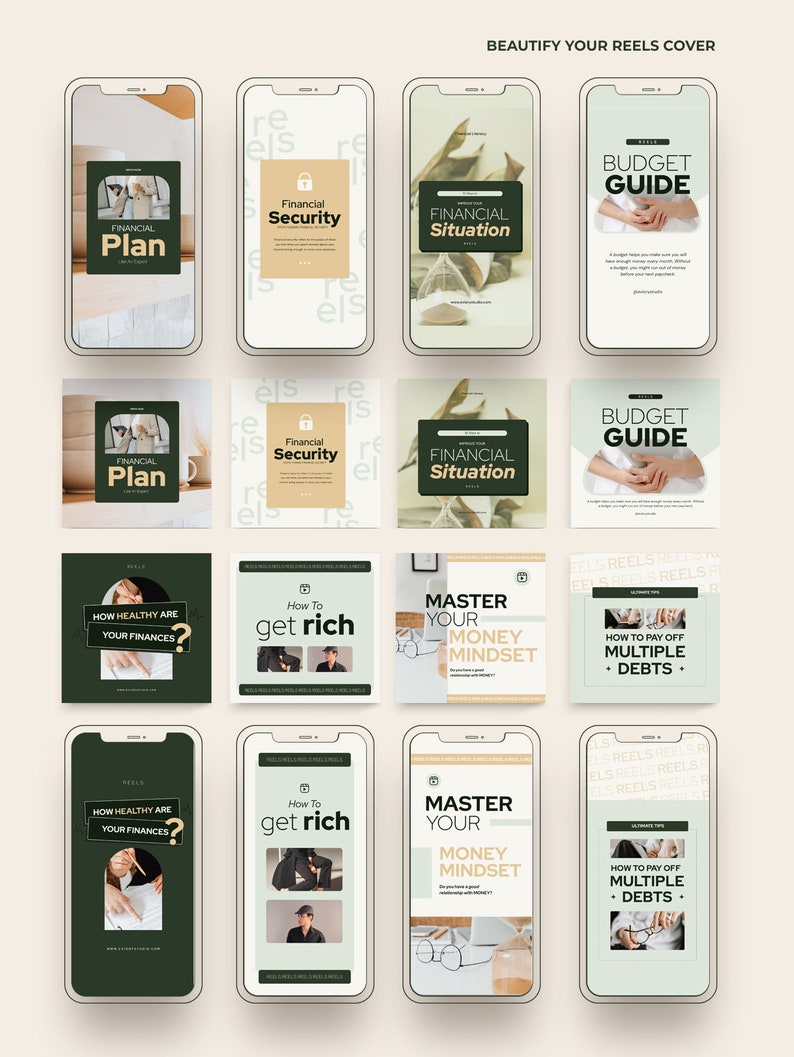 May include: A collage of nine Instagram Reels covers with a green and white color scheme. The covers feature text about financial planning, budgeting, and money management. Some of the text includes: "Financial Plan", "Financial Security", "Budget Guide", "How to get rich", and "Master Your Money Mindset".