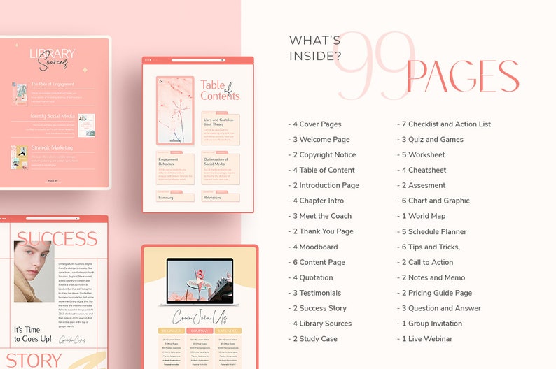 May include: A pink and white digital planner with the text "Library Sources" and "Success" on the cover. The planner includes 99 pages with a table of contents, checklists, worksheets, charts, and more.