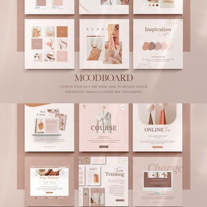 May include: Mood board featuring a colour palette, inspiration colours, and a course invitation. The colour palette includes shades of brown, pink, and beige. The inspiration colours are a gradient of pink and brown. The course invitation includes a free webinar, a free training course, and an online class. The text on the mood board includes "Color Palette", "Inspiration Colors", "Moodboard", "Express your idea and show how to manage design inspiration through colours and typography", "New E-Book", "Free Webinar", "Free Training", "Online Class", "Change", "Course Invitation", "Encourage your followers to join the course/workshop. Display all the features to attract them."