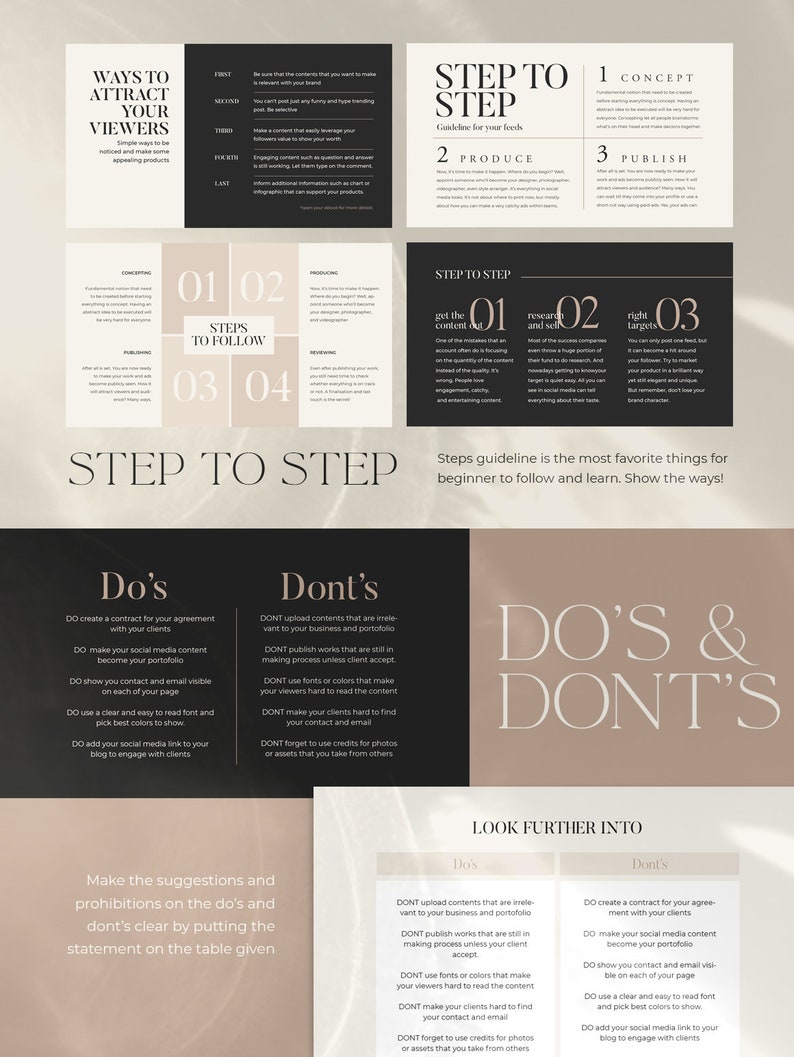 Op de afbeelding: Een zwart-witte infographic met de tekst "Ways to Attract Your Viewers" en "Step to Step" met een lijst van do's en don'ts voor het maken van content voor sociale media.