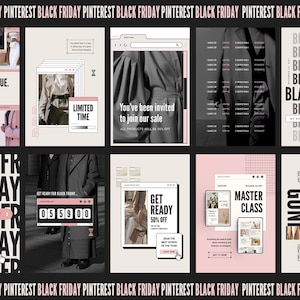 K&ouml;nnte beinhalten: Neun Social-Media-Grafiken f&uuml;r den Black Friday-Verkauf. Die Grafiken zeigen verschiedene Designs, darunter einen Countdown-Timer, eine Verkaufsank&uuml;ndigung und ein Angebot f&uuml;r eine Meisterklasse. Die Grafiken sind im minimalistischen Stil gehalten und in Schwarzwei&szlig; gehalten.