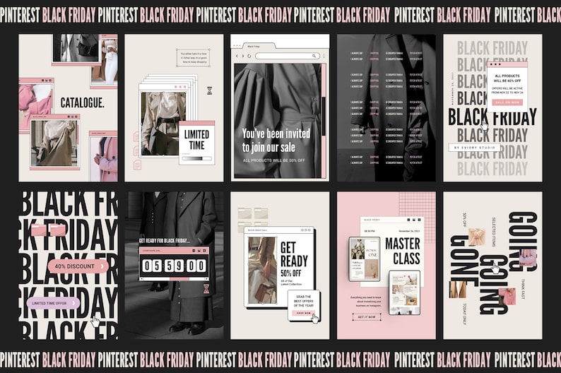 K&ouml;nnte beinhalten: Neun Social-Media-Grafiken f&uuml;r den Black Friday-Verkauf. Die Grafiken zeigen verschiedene Designs, darunter einen Countdown-Timer, eine Verkaufsank&uuml;ndigung und ein Angebot f&uuml;r eine Meisterklasse. Die Grafiken sind im minimalistischen Stil gehalten und in Schwarzwei&szlig; gehalten.