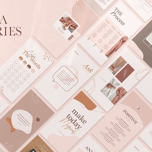 May include: A set of Instagram story templates with a minimalist design. The templates feature a range of colours, including pink, brown, and white. The text on the templates includes phrases such as "The Process", "Ask", "Make Today Magical", and "Positive".