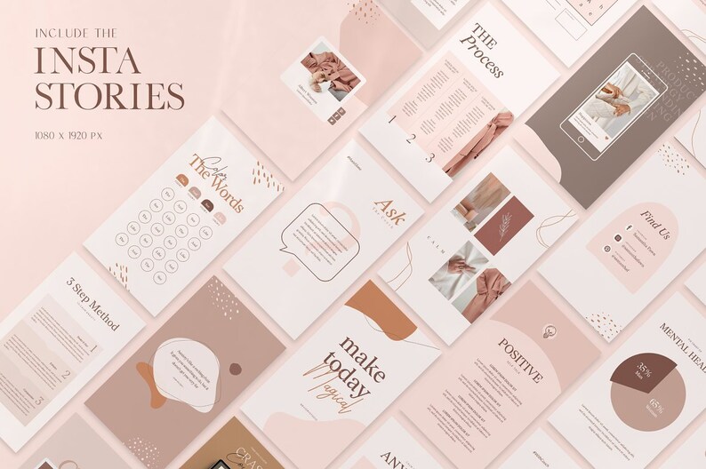 May include: A set of Instagram story templates with a minimalist design. The templates feature a range of colours, including pink, brown, and white. The text on the templates includes phrases such as "The Process", "Ask", "Make Today Magical", and "Positive".