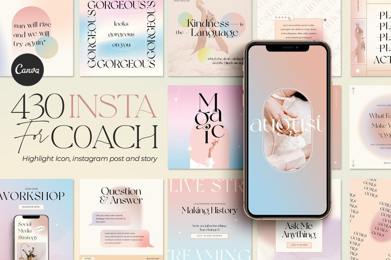 May include: A set of colourful Instagram post templates designed for coaches. The templates feature a range of designs, including abstract shapes, text overlays, and motivational quotes. The text on the templates includes "430 Insta for Coach", "Kindness is the Language", "Workshop", "Question & Answer", "Live Stream", "Making History", and "Ask Me Anything".