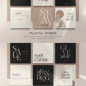 May include: A set of nine social media post templates with a minimalist aesthetic. The templates feature a variety of text-based designs with motivational quotes and phrases, such as "Stay Focus", "You Can Do It", and "Ready to Build Your Empire". The templates are designed in a neutral color palette of black, white, and beige.