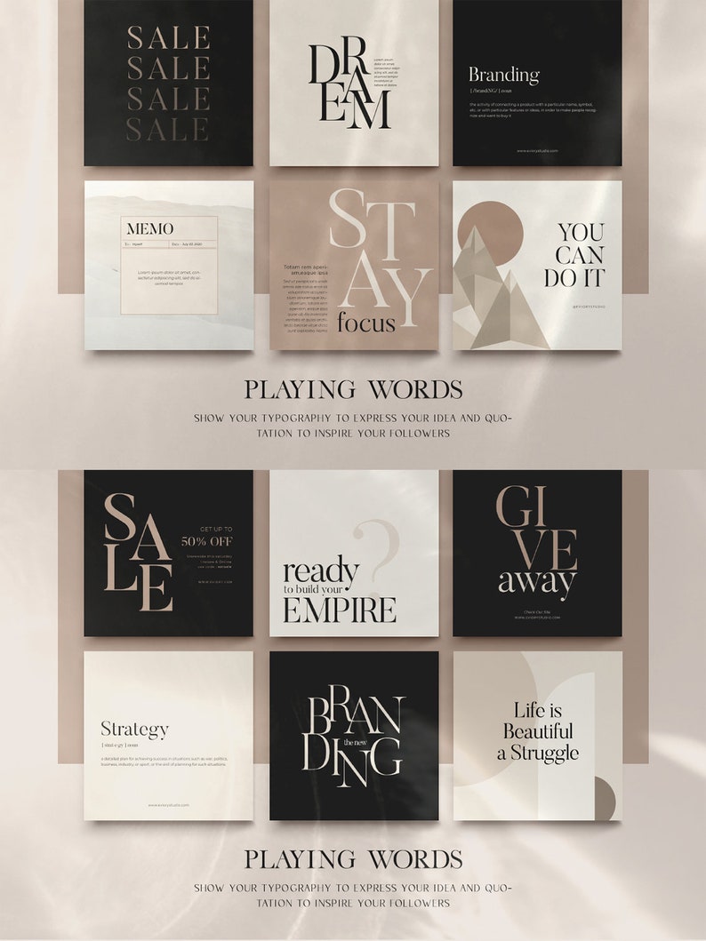 May include: A set of nine social media post templates with a minimalist aesthetic. The templates feature a variety of text-based designs with motivational quotes and phrases, such as "Stay Focus", "You Can Do It", and "Ready to Build Your Empire". The templates are designed in a neutral color palette of black, white, and beige.