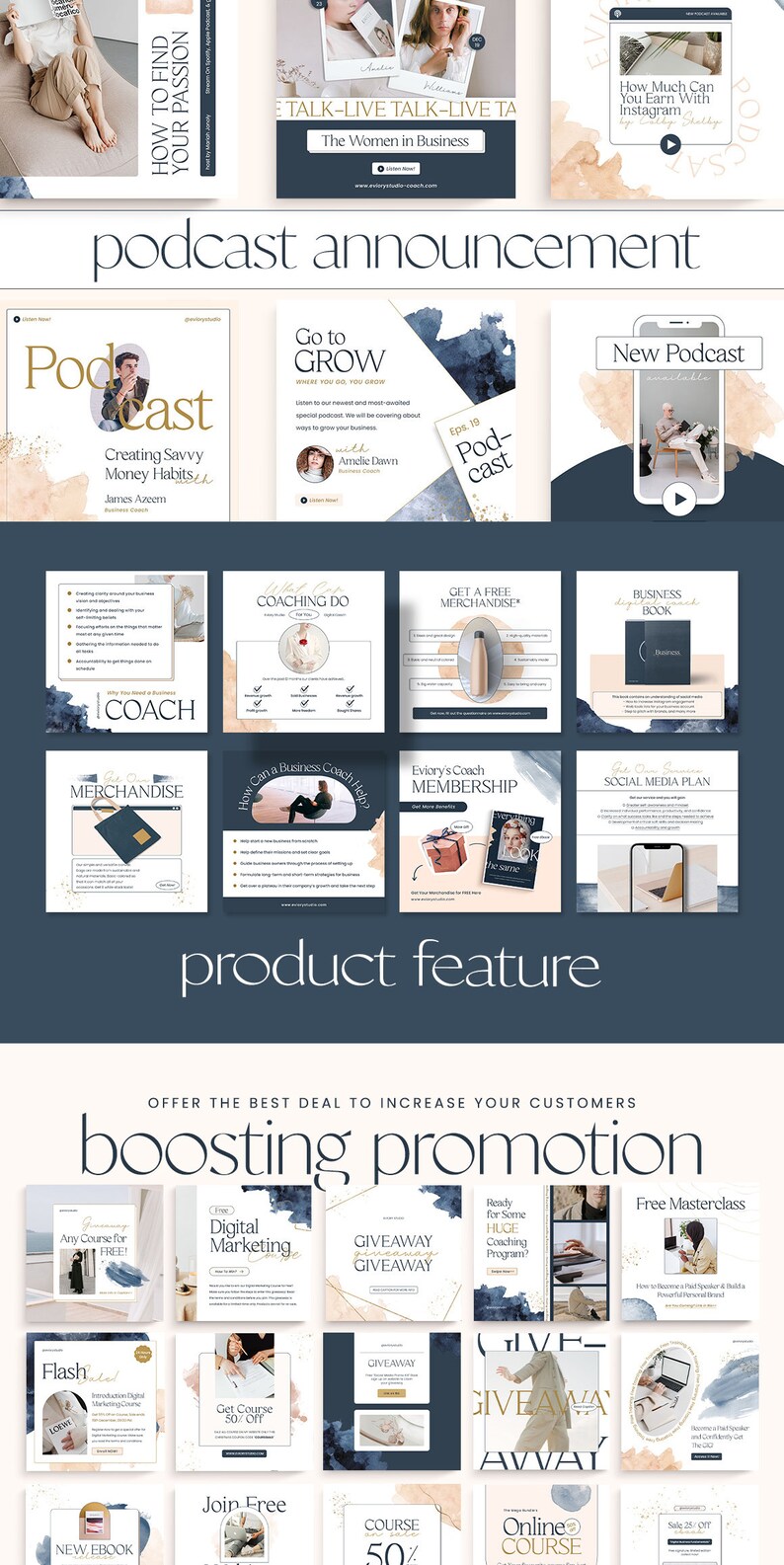 以下が含まれることがあります： ビジネスコーチングプログラムを宣伝するためのソーシャルメディア投稿テンプレートのコレクション。テンプレートは、水彩画の背景と金のアクセントを施した青と桃色のカラーパレットを採用しています。「Go to Grow」、「Coaching Do」、「無料のグッズを手に入れよう」、「ビジネスブック」、「ビジネスコーチはどのように役立つのか」、「Eviory's Coach Membership」、「ソーシャルメディアプラン」、「すべてのコース無料」、「無料のデジタルマーケティング」、「プレゼント企画」、「巨大なコーチングプログラムの準備はいいですか」、「無料のマスタークラス」、「フラッシュセール」、「コースを50％オフでゲット」、「無料で参加」、「コースを50％オフ」、「オンラインコース」、「新しい電子書籍」、「セール25％オフ」などのフレーズがテンプレートに含まれています。