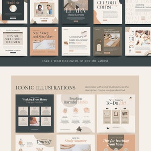 以下が含まれることがあります： ミニマルな美学を持つ9つのソーシャルメディアテンプレートのセット。テンプレートは、ベージュ、ブラウン、ブラックのニュートラルなカラーパレットを採用しています。テンプレートは、自宅で働く人、有害な習慣を断つ人、より賢く学ぶ人のイラストで飾られています。「行動喚起」、「教育はすべてあなたのもの」、「お金を節約して、もっと買い物を」、「自宅で学ぶための学生向けガイド」、「在宅勤務」、「有害な習慣を断つ」、「成功のためのToDoリストを設定する」、「自分を高める」、「より賢く学ぶ方法」、「自宅で教えるためのヒント」などのフレーズがテンプレートに記載されています。