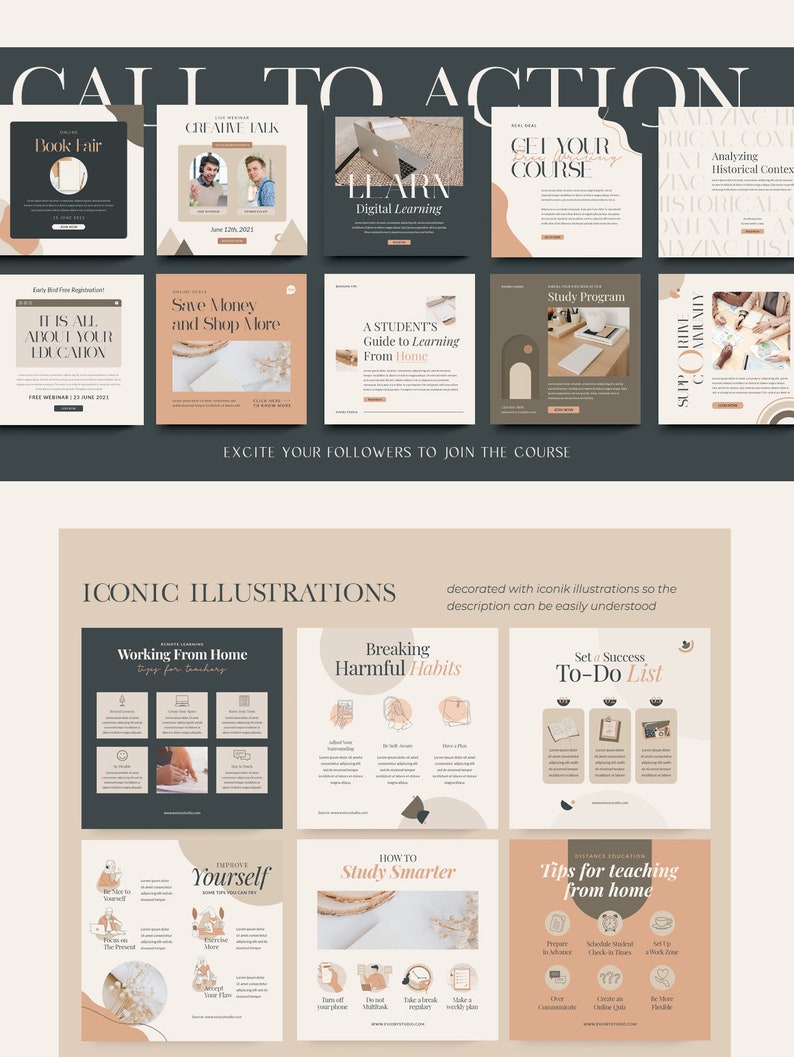 以下が含まれることがあります： ミニマルな美学を持つ9つのソーシャルメディアテンプレートのセット。テンプレートは、ベージュ、ブラウン、ブラックのニュートラルなカラーパレットを採用しています。テンプレートは、自宅で働く人、有害な習慣を断つ人、より賢く学ぶ人のイラストで飾られています。「行動喚起」、「教育はすべてあなたのもの」、「お金を節約して、もっと買い物を」、「自宅で学ぶための学生向けガイド」、「在宅勤務」、「有害な習慣を断つ」、「成功のためのToDoリストを設定する」、「自分を高める」、「より賢く学ぶ方法」、「自宅で教えるためのヒント」などのフレーズがテンプレートに記載されています。