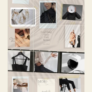 May include: A collage of nine images featuring fashion, lifestyle, and design elements. The images include a black dress on a hanger, a woman wearing a black turtleneck, a white shirt with a gold chain, a memo pad with the text "Remember why you started", a pair of white sneakers, and a color palette with the text "Today's Color Mood".
