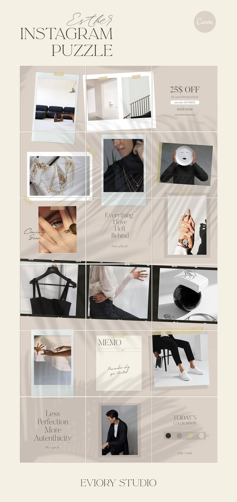 May include: A collage of nine images featuring fashion, lifestyle, and design elements. The images include a black dress on a hanger, a woman wearing a black turtleneck, a white shirt with a gold chain, a memo pad with the text "Remember why you started", a pair of white sneakers, and a color palette with the text "Today's Color Mood".