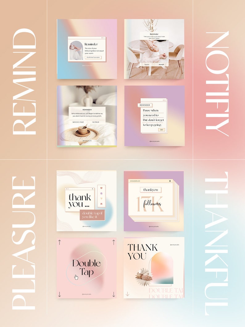 May include: A set of six social media post templates with pastel backgrounds and colourful gradients. The templates feature text such as "thank you", "double tap", "reminder", and "notify".
