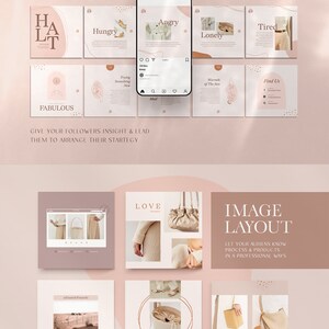May include: A collection of nine Instagram story templates with a pink background and gold accents. The templates feature images of handbags and text related to emotions and feelings. The text includes "Hungry", "Angry", "Lonely", "Tired", "Fabulous", "Trying Something New", "Warmth of the Sun", "Find Us", and "Love Yourself".