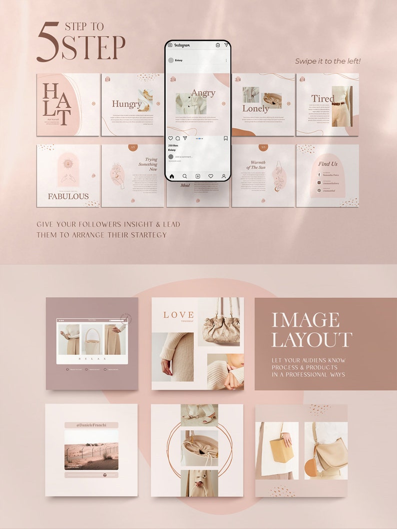 May include: A collection of nine Instagram story templates with a pink background and gold accents. The templates feature images of handbags and text related to emotions and feelings. The text includes "Hungry", "Angry", "Lonely", "Tired", "Fabulous", "Trying Something New", "Warmth of the Sun", "Find Us", and "Love Yourself".