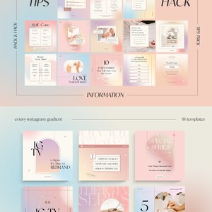 May include: A collection of 18 Instagram templates with a pink, peach, and blue gradient background. The templates feature text overlays with tips for self-care, business, and social media marketing. The text includes phrases like "Self Care", "Business Guide", "Hack", "Tips & Trick", "Love Yourself More", "10 Daily Habits", "Special Series", "IG TV", "5 Ways to Make Your Goals Happen", and "7 Steps to Wake Up Motivated and Have a Productive Day".