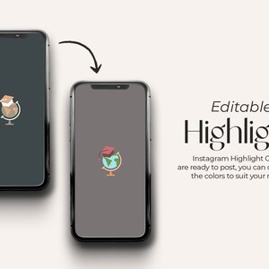Puede incluir: Cubiertas de resaltado de Instagram editables con un icono de gorro de graduaci&oacute;n en un globo terr&aacute;queo. El fondo es de color gris oscuro. El texto "Editable Highlight" se muestra en texto negro.