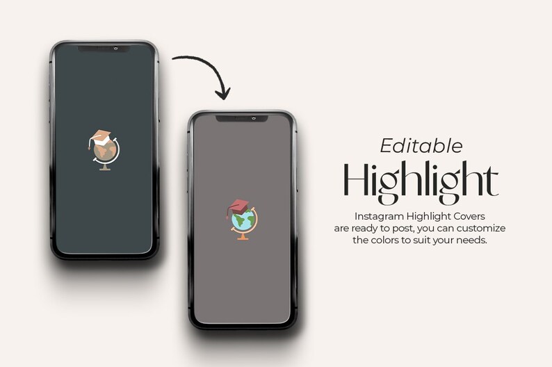 Puede incluir: Cubiertas de resaltado de Instagram editables con un icono de gorro de graduaci&oacute;n en un globo terr&aacute;queo. El fondo es de color gris oscuro. El texto "Editable Highlight" se muestra en texto negro.