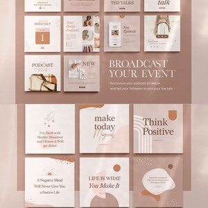 May include: A collection of social media post templates featuring abstract shapes and motivational quotes in a neutral colour palette. The text includes phrases like "Make today magical", "Think positive", and "Life is what you make it".