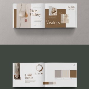 May include: A brochure featuring a colour palette and a description of the store gallery. The brochure displays a colour wheel with four colours: brown, beige, grey, and white. The brochure also includes a description of the store gallery, located on Harehills Avenue.
