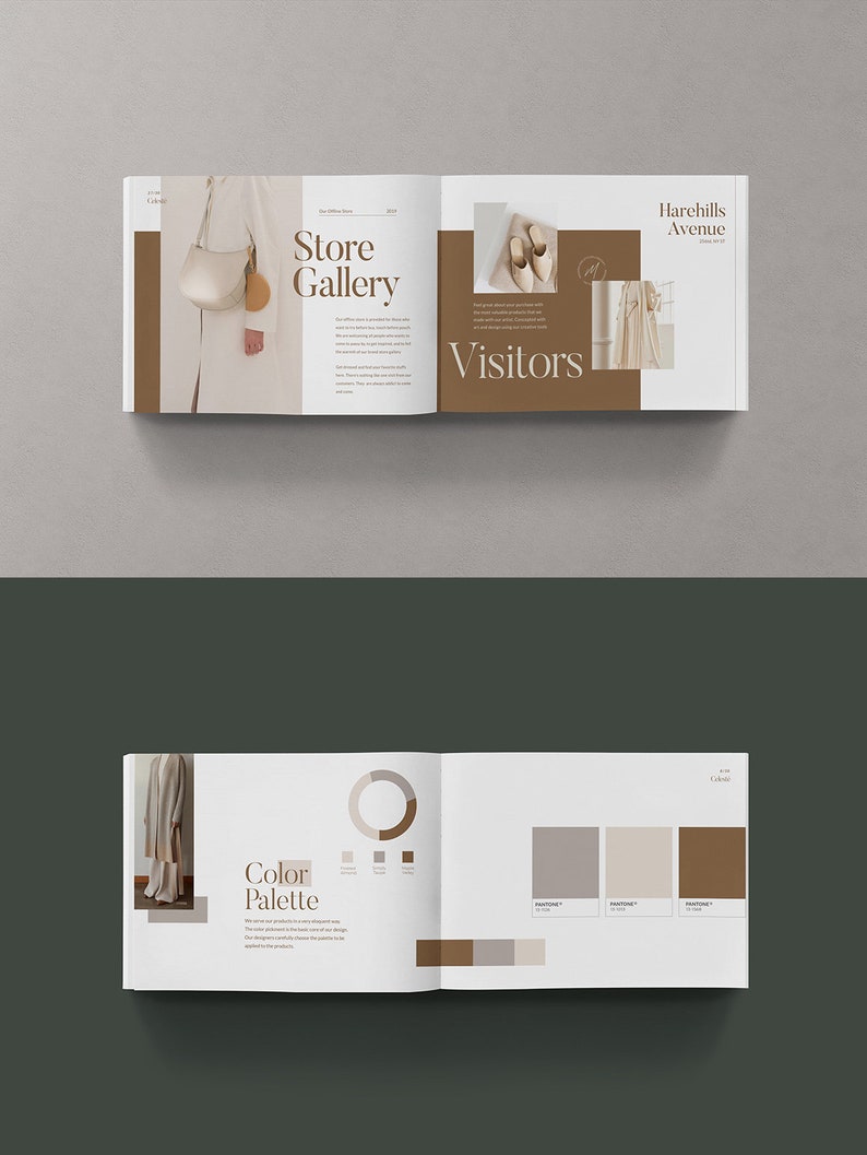 May include: A brochure featuring a colour palette and a description of the store gallery. The brochure displays a colour wheel with four colours: brown, beige, grey, and white. The brochure also includes a description of the store gallery, located on Harehills Avenue.