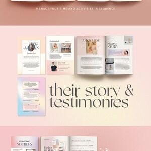 Pu&ograve; includere: Un planner rosa e bianco con il testo "plan schedule" in alto. Il planner include sezioni giornaliere, settimanali, mensili e annuali. L'immagine mostra anche una libreria di risorse, tra cui ebook, quaderni di lavoro e testimonianze.