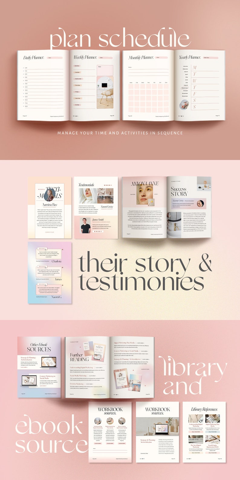 Pu&ograve; includere: Un planner rosa e bianco con il testo "plan schedule" in alto. Il planner include sezioni giornaliere, settimanali, mensili e annuali. L'immagine mostra anche una libreria di risorse, tra cui ebook, quaderni di lavoro e testimonianze.