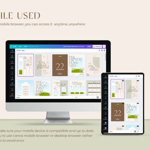 May include: A screenshot of a computer screen displaying a Canva design project with various pages, including a "Gratitude Journal", "Perfectly Planned", and "The Future". The design is minimalist, featuring a brown, green, and white colour scheme. The screen is on a desk next to a tablet showing the same design project.