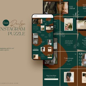 May include: A nine-square Instagram puzzle template with a green and brown color scheme. The template features text such as "Kindness Always Matters", "Be Kind Towards Yourself", and "7 Days to Go".