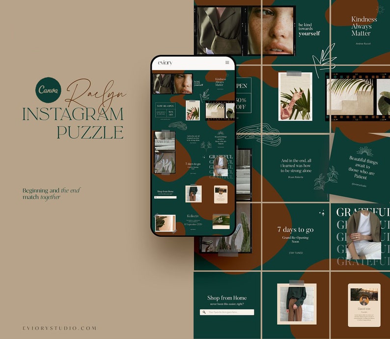 May include: A nine-square Instagram puzzle template with a green and brown color scheme. The template features text such as "Kindness Always Matters", "Be Kind Towards Yourself", and "7 Days to Go".