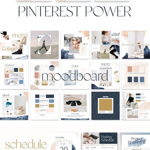 以下が含まれることがあります： 青と桃色の水彩画の背景を持つソーシャルメディアグラフィックのコレクション。グラフィックには、ビジネスの成長方法、ムードボードの作成方法、投稿のスケジュール設定方法など、Pinterestマーケティングに関するテキストが掲載されています。画像の上部には大きなフォントで「Pinterest Power」というテキストが掲載されています。
