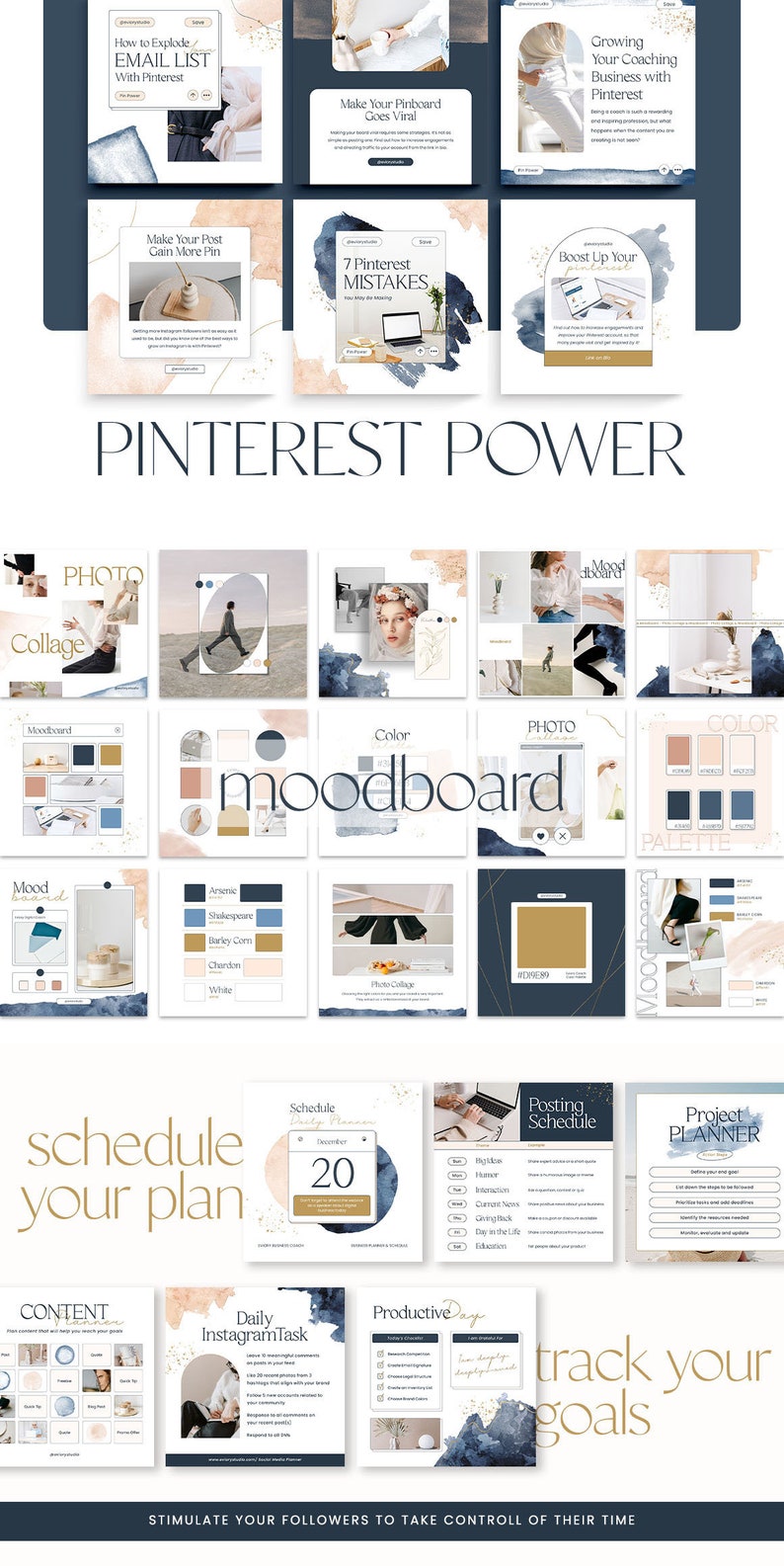 以下が含まれることがあります： 青と桃色の水彩画の背景を持つソーシャルメディアグラフィックのコレクション。グラフィックには、ビジネスの成長方法、ムードボードの作成方法、投稿のスケジュール設定方法など、Pinterestマーケティングに関するテキストが掲載されています。画像の上部には大きなフォントで「Pinterest Power」というテキストが掲載されています。