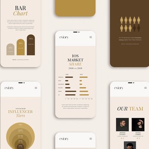 Puede incluir: Una colecci&oacute;n de pantallas de tel&eacute;fonos m&oacute;viles que muestran varios gr&aacute;ficos y diagramas con la palabra "eviory" en la parte superior de cada pantalla. Los gr&aacute;ficos son de estilo minimalista con acentos dorados y marrones.