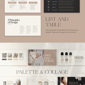 Op de afbeelding: Een presentatieslidedeck met een beige achtergrond en zwarte tekst. Het slidedeck gaat over sociale media, ontwerp principes en het cre&euml;ren van een merkpalette. De tekst op de slides omvat "Sociale Media Vergelijkingstabel", "3 Ontwerpprincipes", "SMART Doelen", "Lijst en Tabel", "Liefde en Evolutie", "Palette & Collage", "Sociale Media Thema", "Palette" en "Afbeelding & Branding".