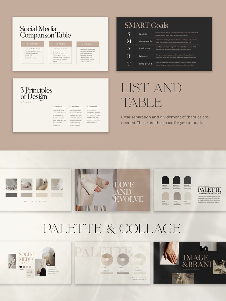 Op de afbeelding: Een presentatieslidedeck met een beige achtergrond en zwarte tekst. Het slidedeck gaat over sociale media, ontwerp principes en het cre&euml;ren van een merkpalette. De tekst op de slides omvat "Sociale Media Vergelijkingstabel", "3 Ontwerpprincipes", "SMART Doelen", "Lijst en Tabel", "Liefde en Evolutie", "Palette & Collage", "Sociale Media Thema", "Palette" en "Afbeelding & Branding".