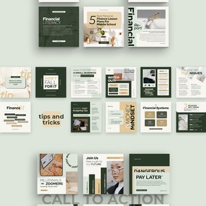 May include: A collage of green and brown squares with text about financial literacy, budgeting, and saving money. The text includes phrases like "Money Bliss", "Financial Freedom", "Financial Literacy", "Don't Fall For It", "Watch Out", "Money Mindset", "Dangerous Pay Later", "Top Ten Saving Hacks", and "Lifehack in Saving".