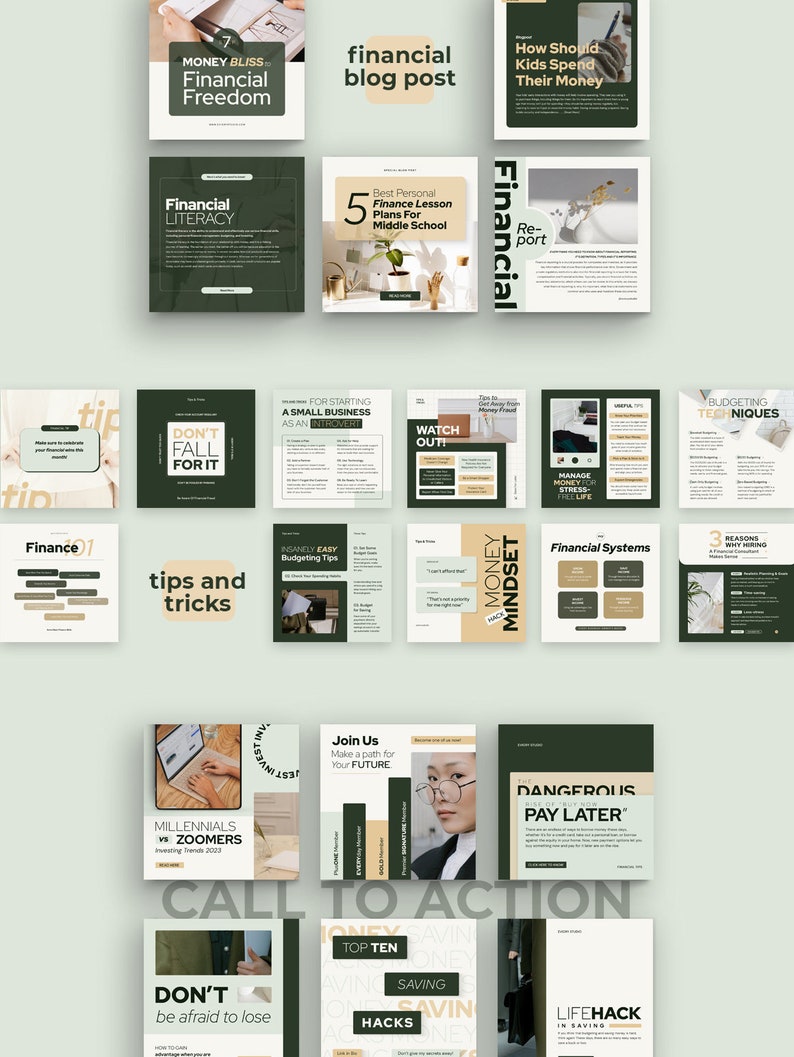 May include: A collage of green and brown squares with text about financial literacy, budgeting, and saving money. The text includes phrases like "Money Bliss", "Financial Freedom", "Financial Literacy", "Don't Fall For It", "Watch Out", "Money Mindset", "Dangerous Pay Later", "Top Ten Saving Hacks", and "Lifehack in Saving".