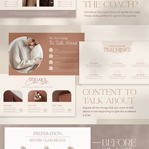 May include: A presentation template for coaches and mentors. The template features a neutral colour palette with brown, beige, and white. The template includes slides for introducing the coach, outlining the course content, and providing tips for preparation and during class time.