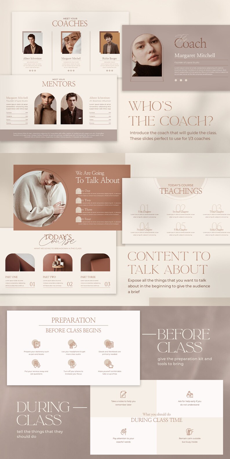 May include: A presentation template for coaches and mentors. The template features a neutral colour palette with brown, beige, and white. The template includes slides for introducing the coach, outlining the course content, and providing tips for preparation and during class time.