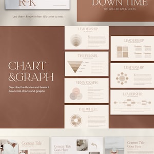 May include: A presentation slide deck with a brown background and beige text boxes. The slides feature various charts and graphs, including a Venn diagram, a funnel chart, and a wheel chart. The text on the slides includes the words "Leadership", "Chart & Graph", "The Funnel", "Venn Graph", "The Wheel", and "Content Marketing".