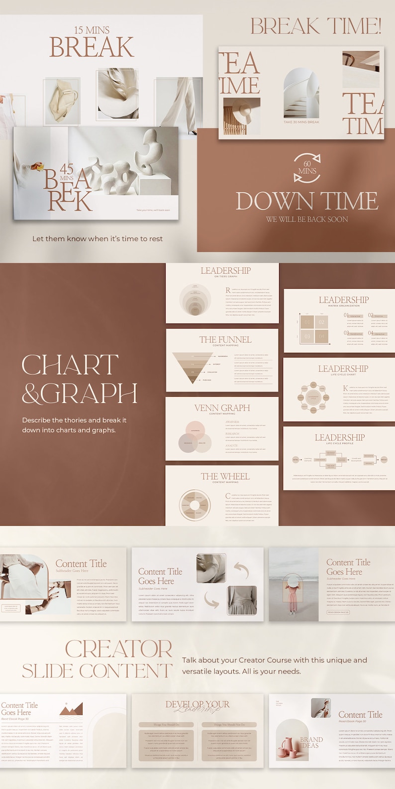 May include: A presentation slide deck with a brown background and beige text boxes. The slides feature various charts and graphs, including a Venn diagram, a funnel chart, and a wheel chart. The text on the slides includes the words "Leadership", "Chart & Graph", "The Funnel", "Venn Graph", "The Wheel", and "Content Marketing".