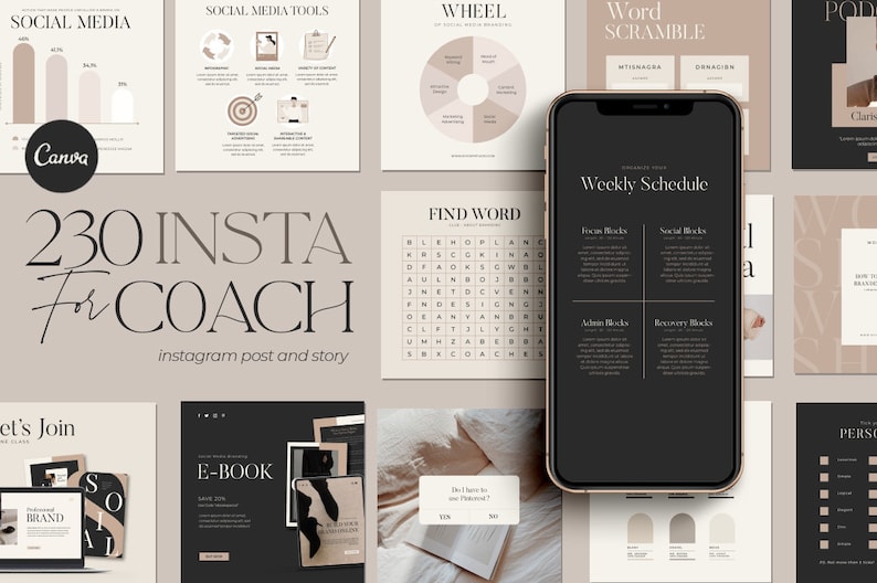 May include: A collection of social media templates for coaches. The templates feature a minimalist design with a neutral color palette of beige and black. The templates include a weekly schedule, a find word puzzle, a wheel of social media tools, and a social media post with the text "230 Insta for Coach".